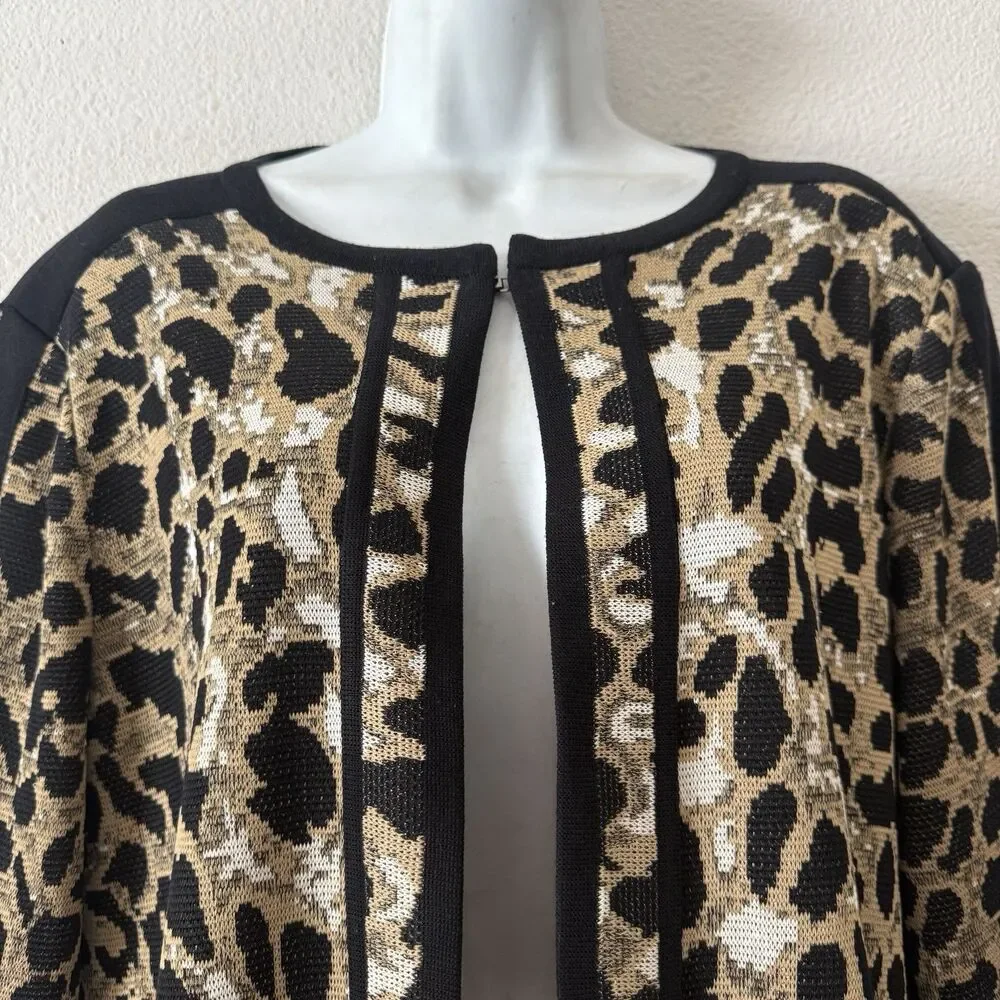 Misook Animal Print Long Knit Jacket Women's L Leopard Cheetah Open Front Luxe